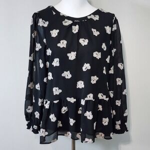 Loft Floral Peplum Blouse Womens Medium Petite MP Black Sheer Layer Long Sleeve